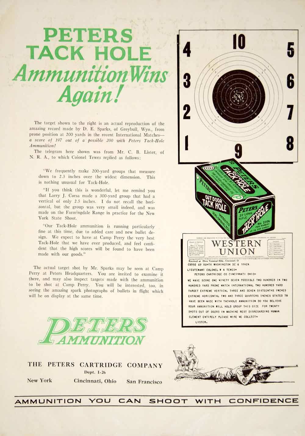 1929 Ad Peters .22 Outdoor Tack Hole Ammo Rifle Gun CB Lister DE Sparks YAR1