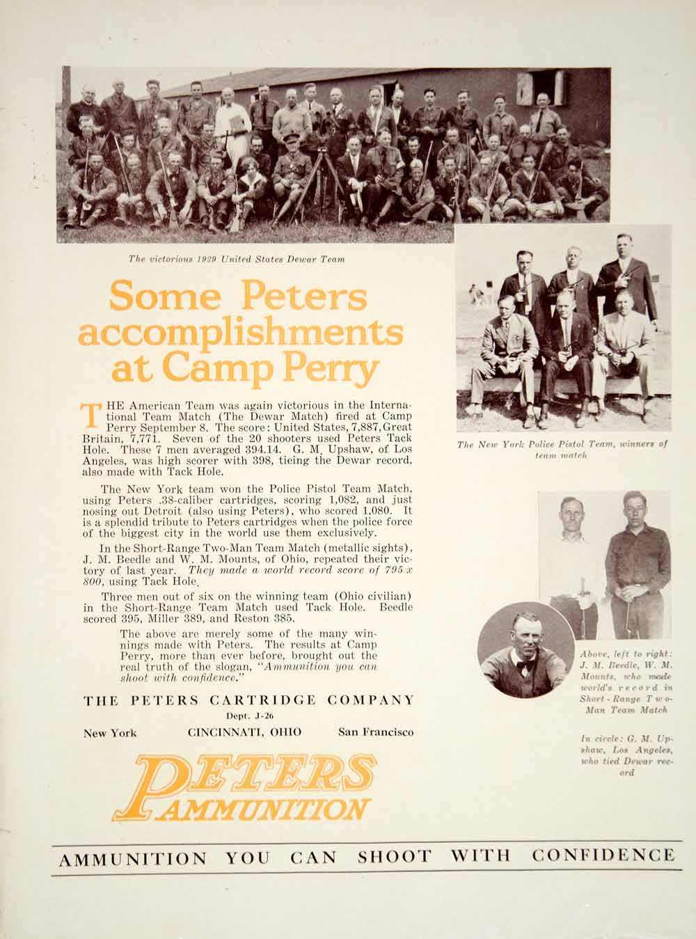 1929 Ad Peters Cartridge Gun Ammo Dewar Match Camp Perry JM Beedle WM Mount YAR1 - Period Paper
