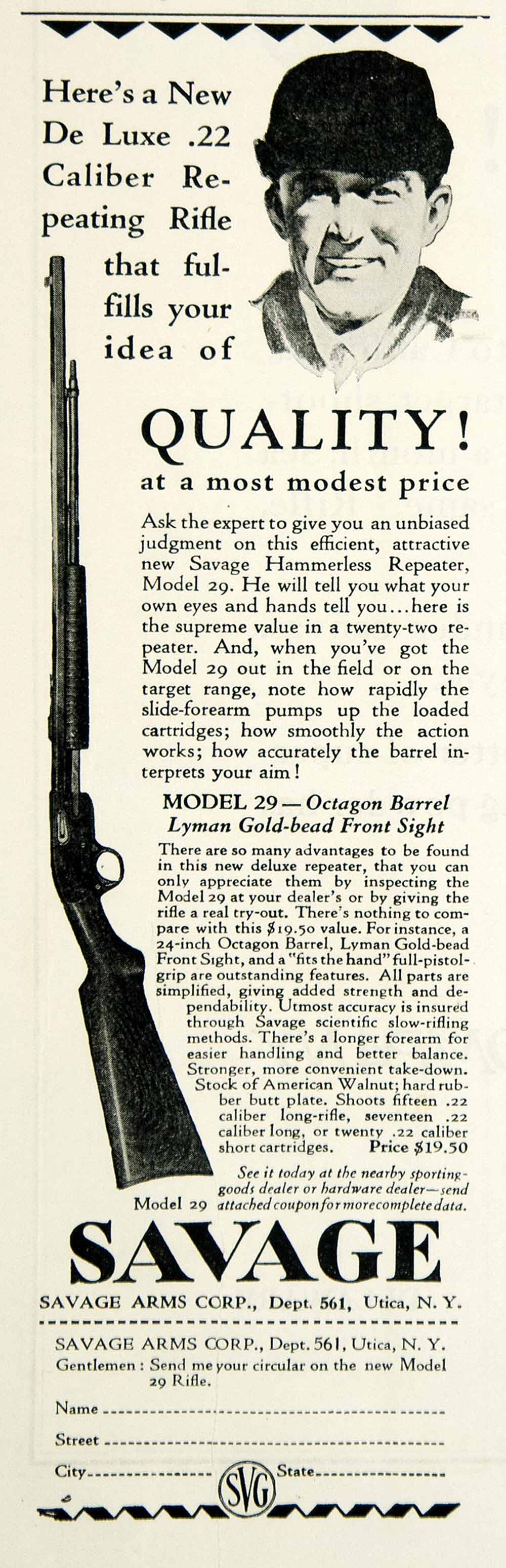 1929 Ad Savage Arms Model 29 DeLuxe Repeating Rifle Hunting Gun Sportsman YAR1