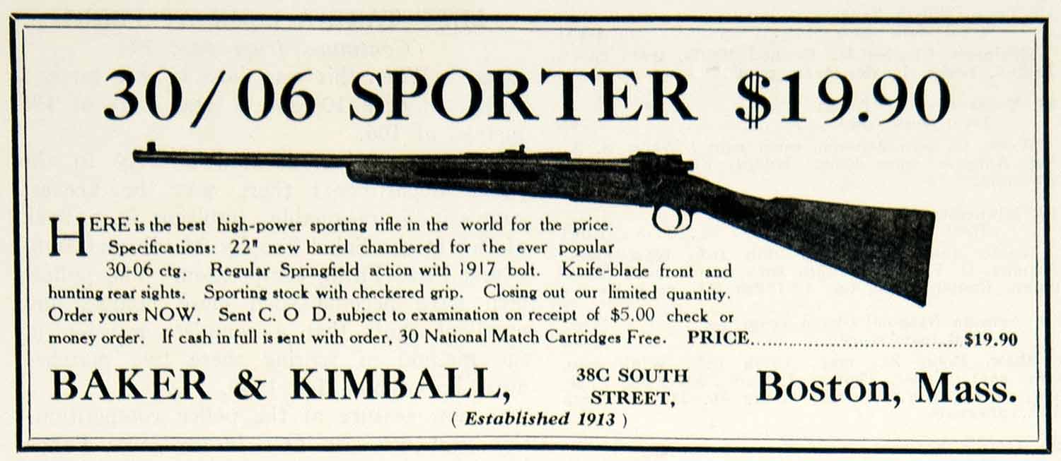 1929 Ad Baker Kimball Springfield 30/06 Sporter Hunting Rifle Gun Firearm YAR1