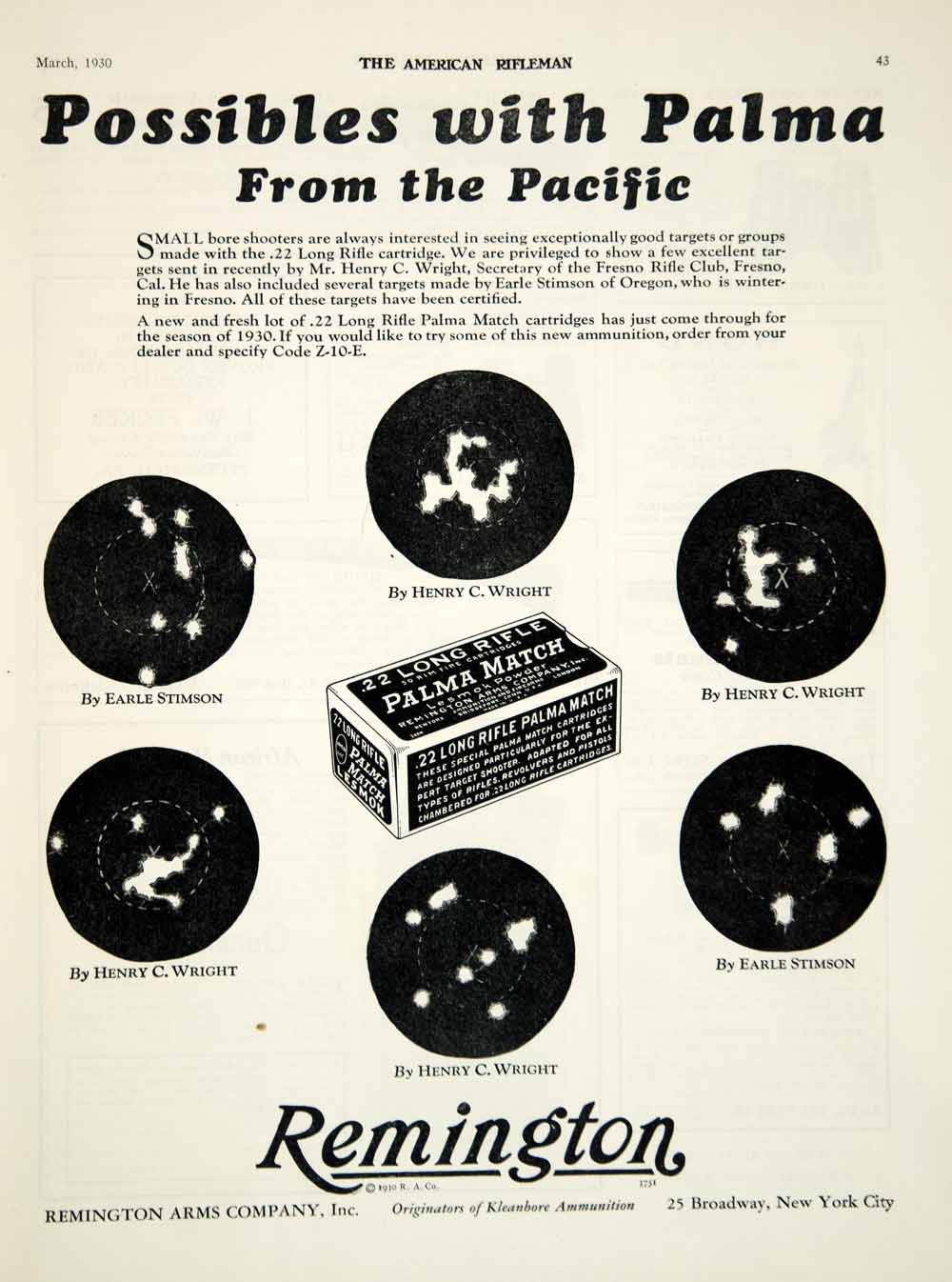 1930 Ad Remington Arms Ammunition Palma Long Rifle Cartridge Bullet Image YAR2