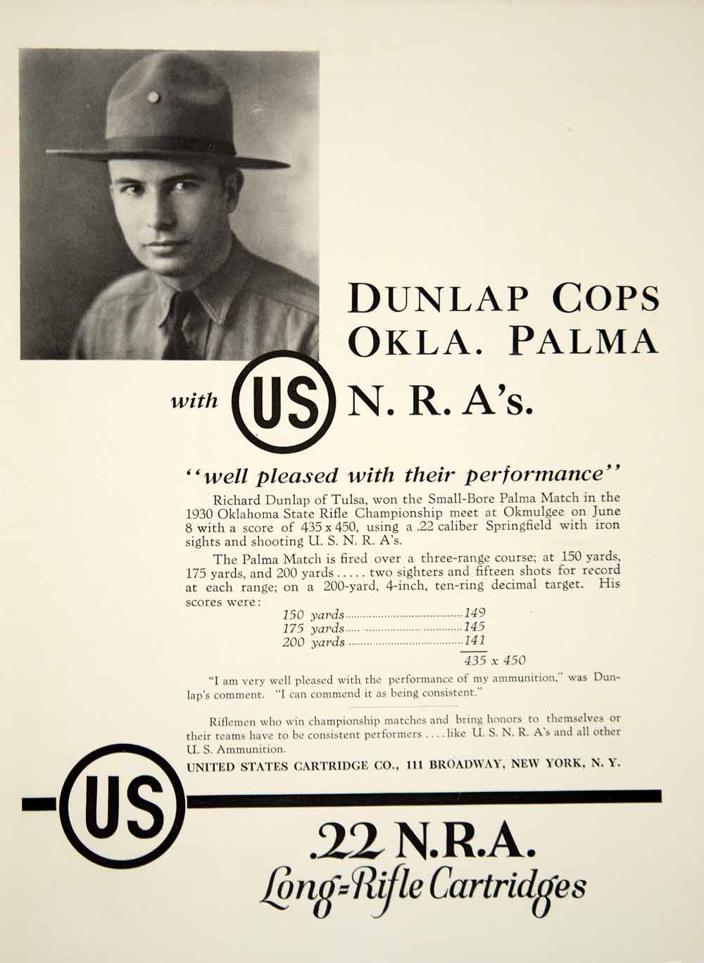 1930 Ad United States Cartridges Long Rifle Richard Dunlap Oklahoma Shoot YAR2