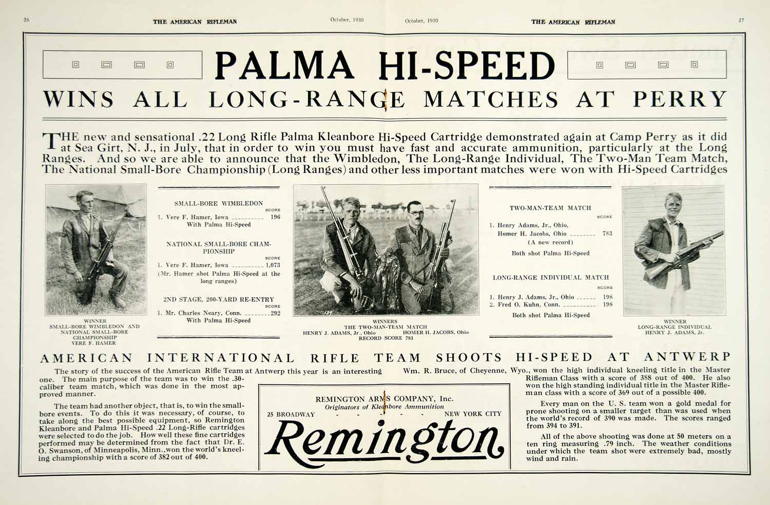 1930 Ad Remington Arms American International Rifle Team Cartridges Weapon YAR2