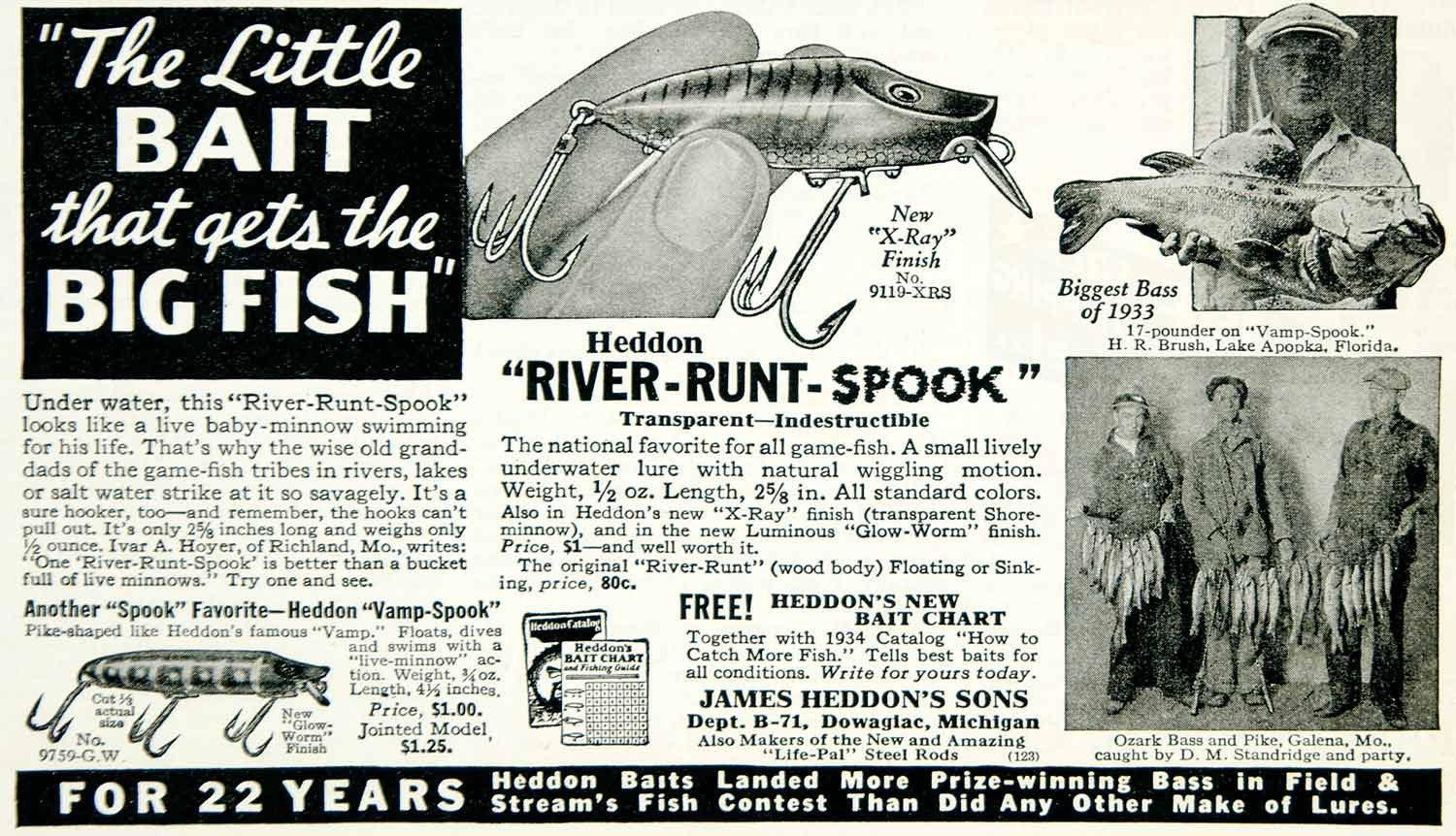 1934 Ad James Heddon Sons River Runt Spook Fishing Lure Bait Tackle YASF1 - Period Paper

