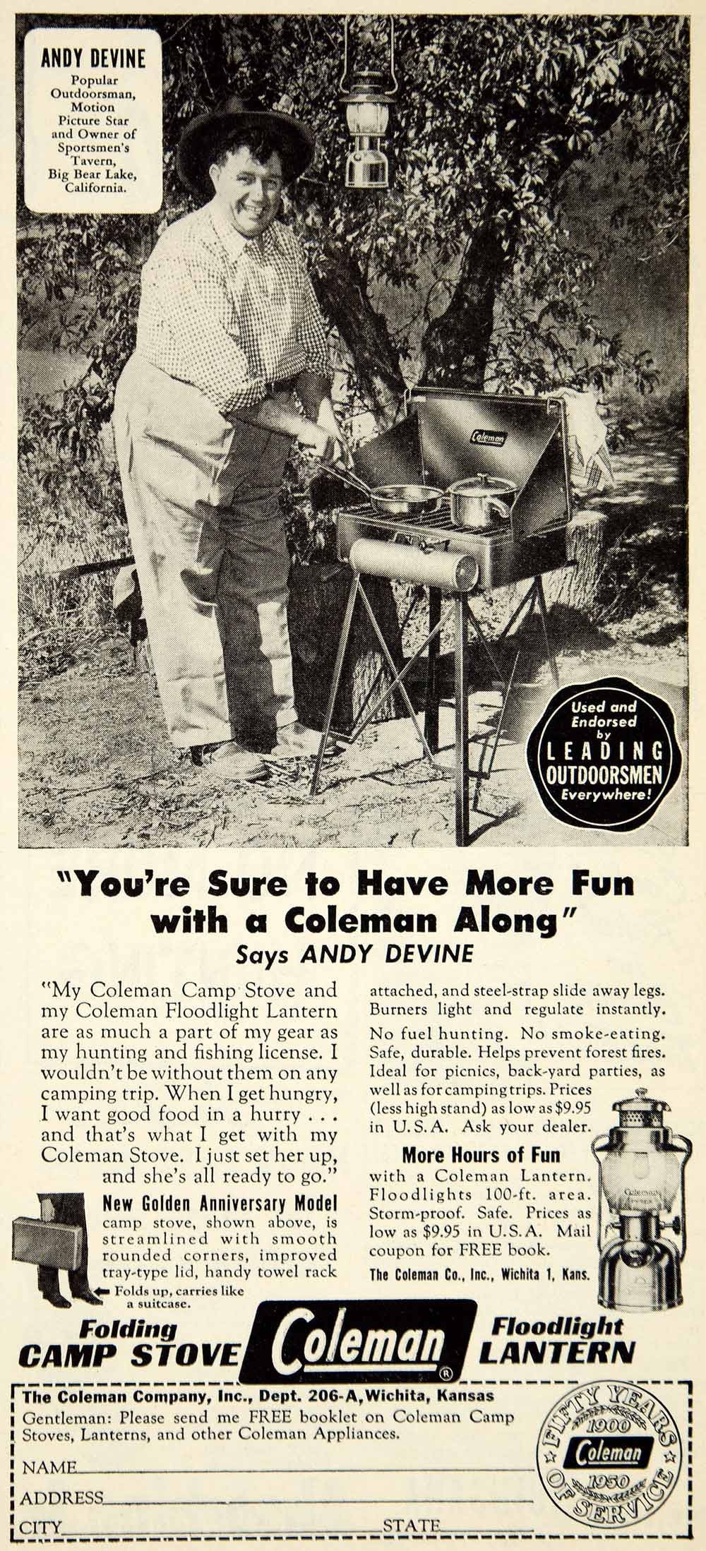 1950 Ad Coleman Camp Stove Lantern Andy Devine Movie Star Sportsman YASF1