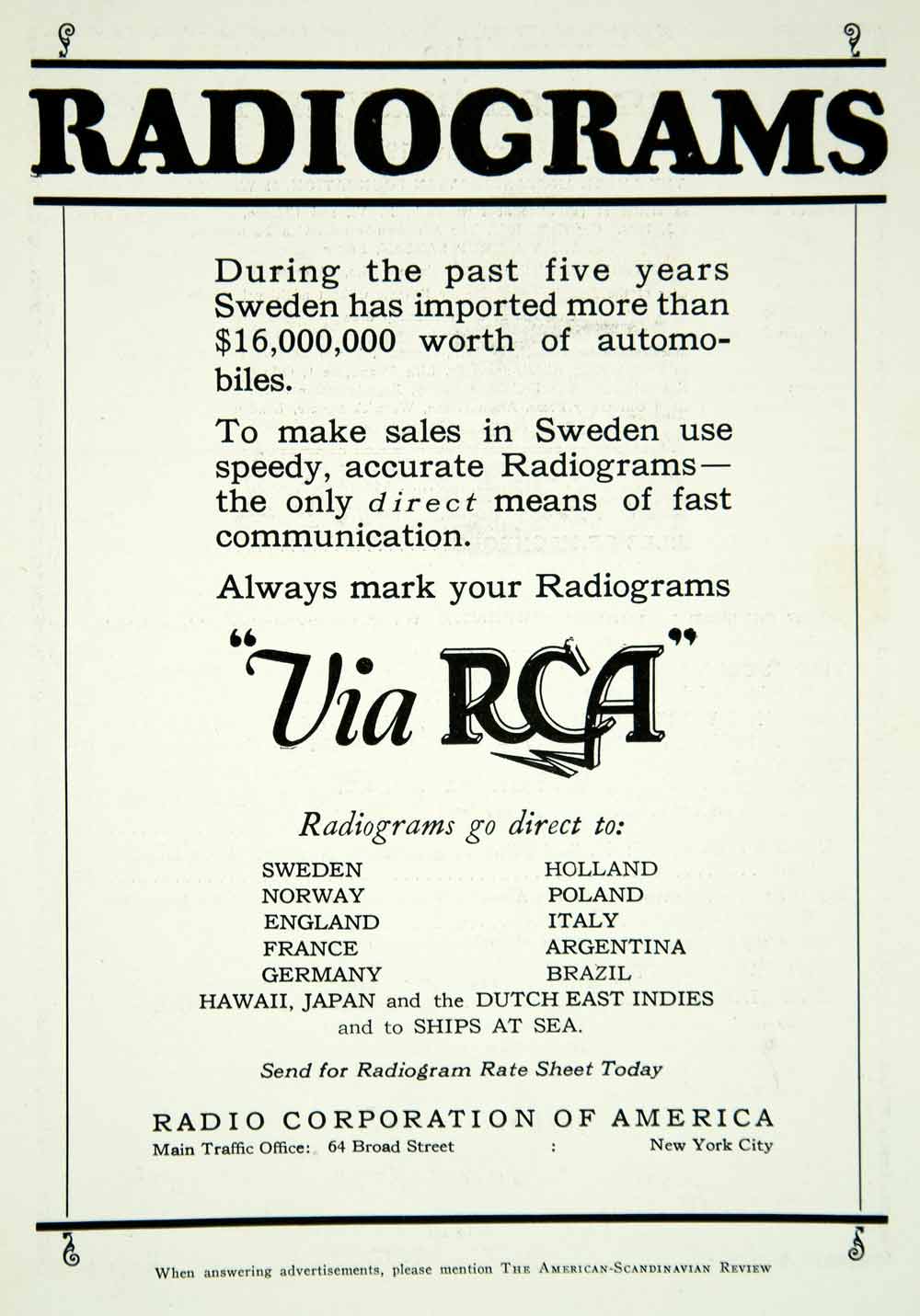 1927 Ad RCA Radiogram Telecommunications 64 Broad Street New York YASR1