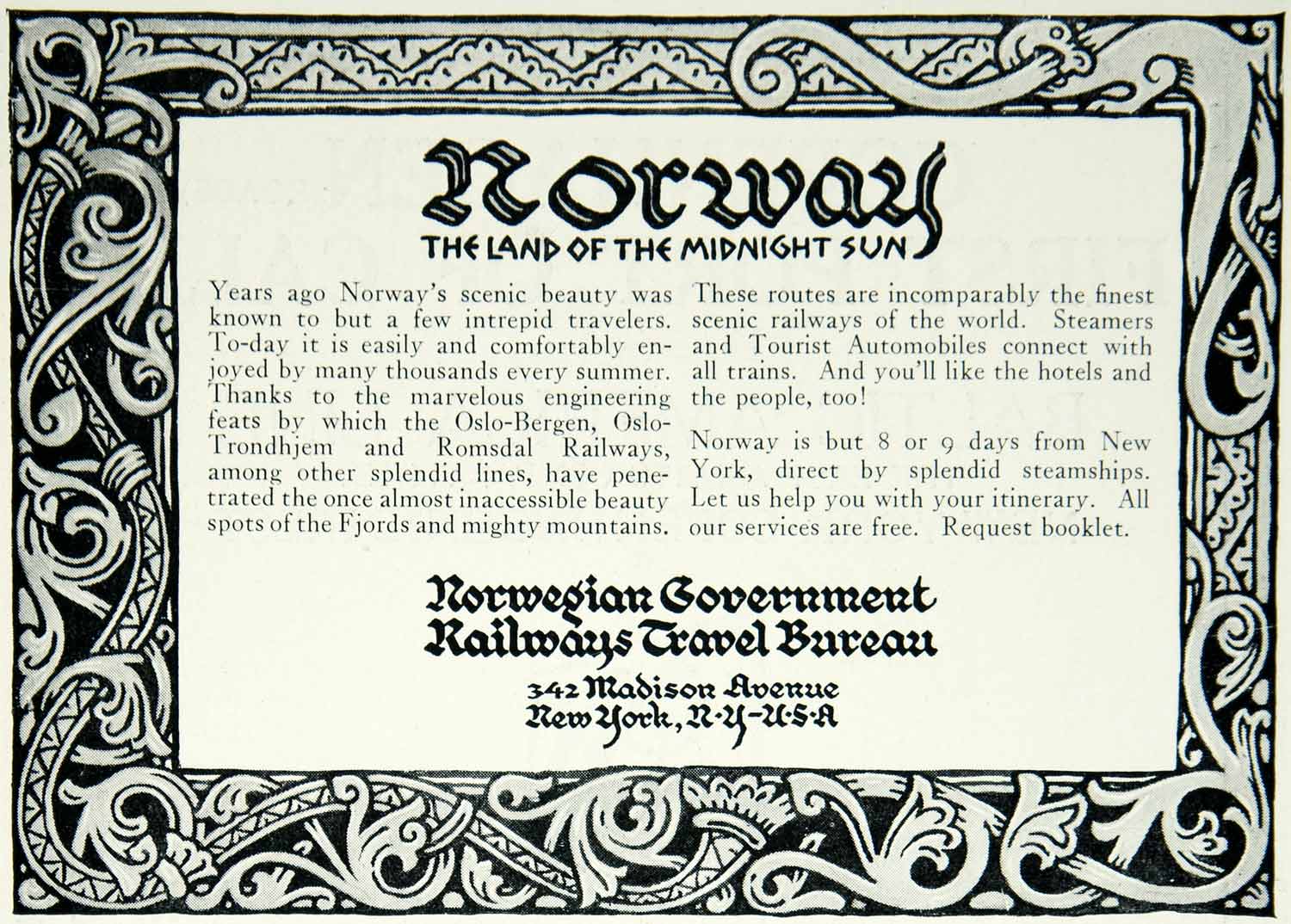 1927 Ad Norwegian Government Railways Travel Bureau 342 Madison Ave NYC YASR1