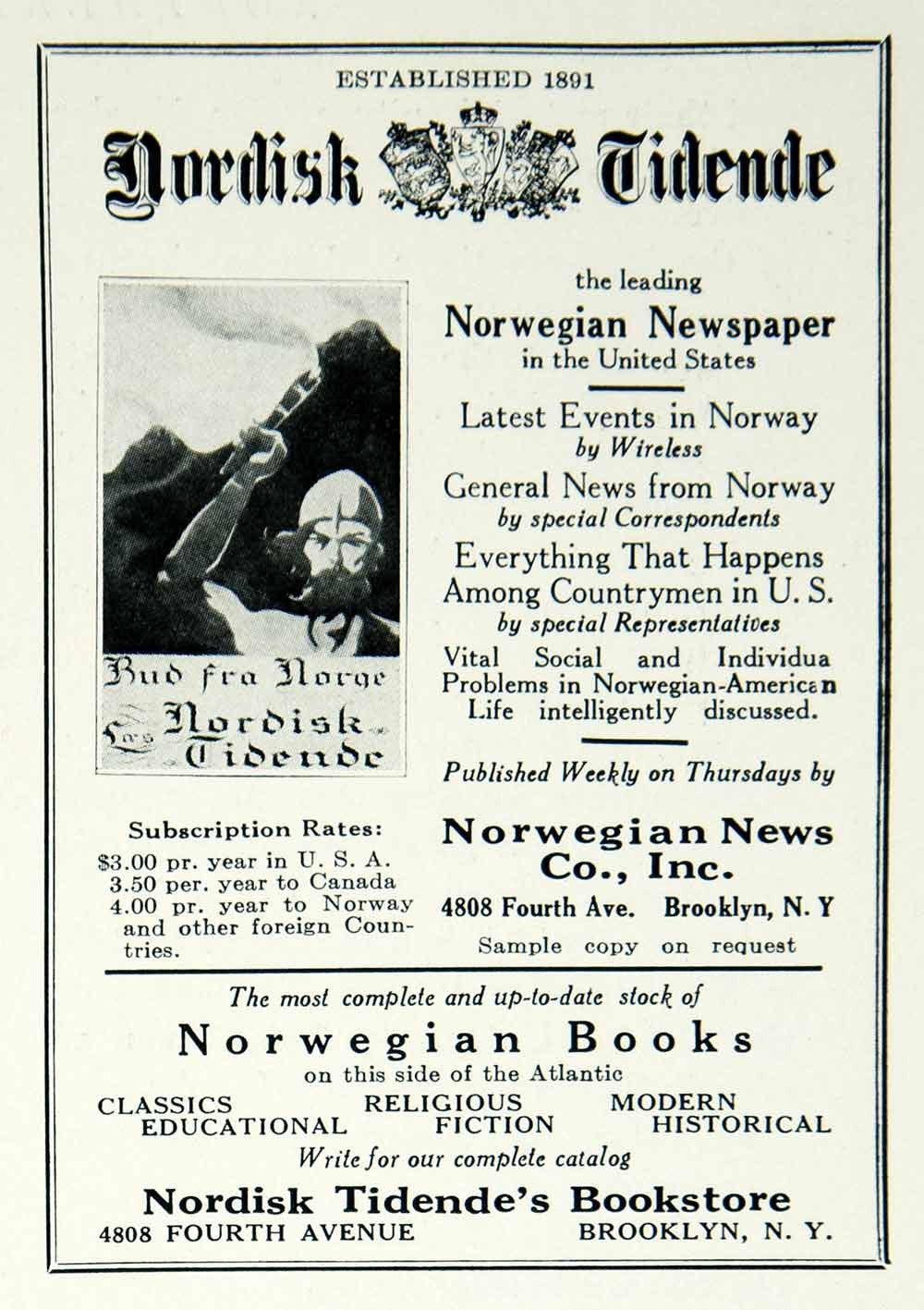 1927 Ad Nordisk Tidende Newspaper Norwegian Bookstore 4808 Fourth Ave NYC YASR1