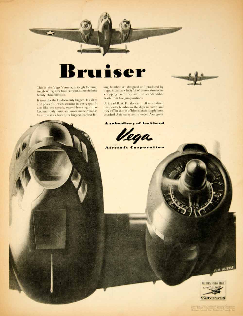 1943 Ad Vega Aircraft Ventura WWII Bomber Airplane Ren Wicks Art Aviation YAT1