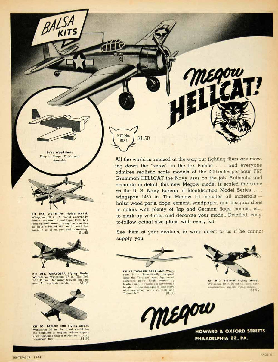 1944 Ad Megow Model Airplane Grumman F6F Hellcat WWII Aircraft Aviatio ...