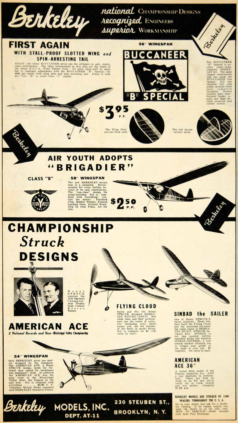 1941 Ad Berkeley Models Airplane Buccaneer Brigadier 230 Steuben St YAT1