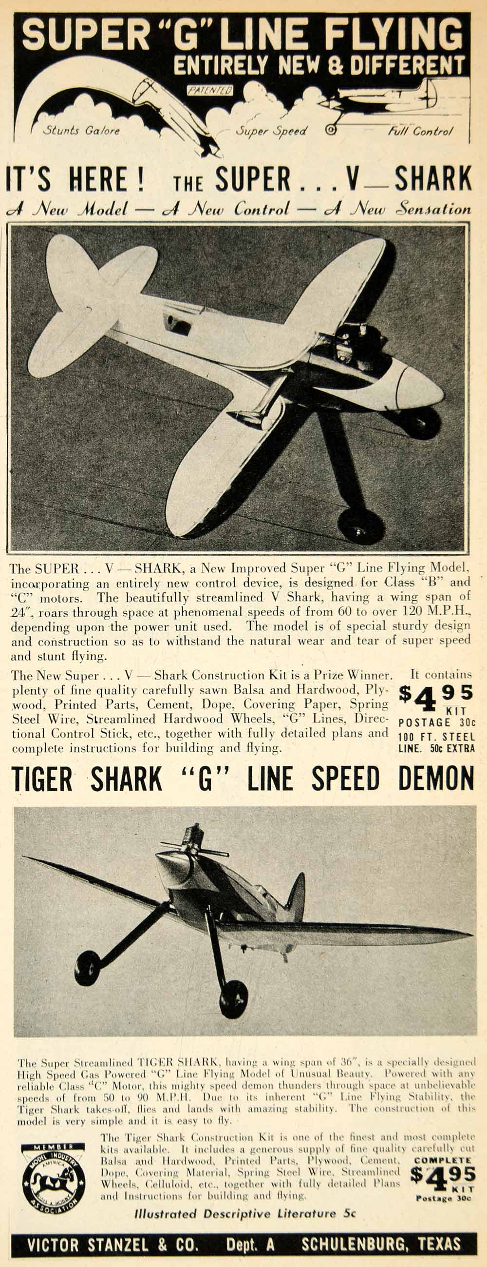 1944 Ad Victor Stanzel Super V Tiger Shark Model Airplane Aircraft Aviation YAT1