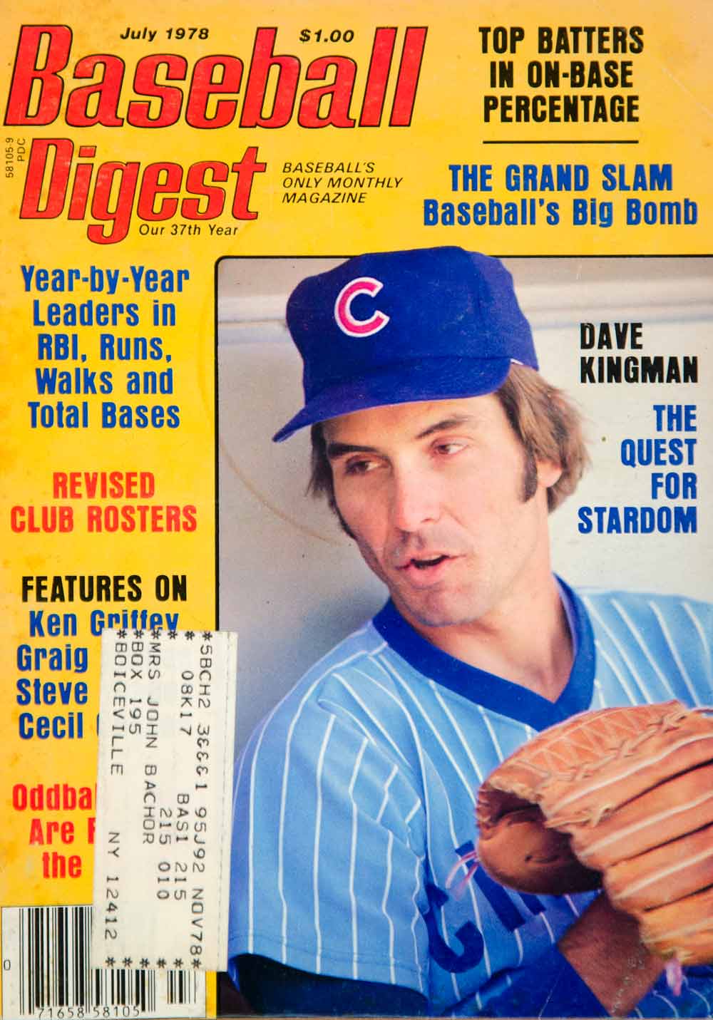 1978 Cover Baseball Digest Dave Kingman Chicago Cubs Major League Athlete YBD1