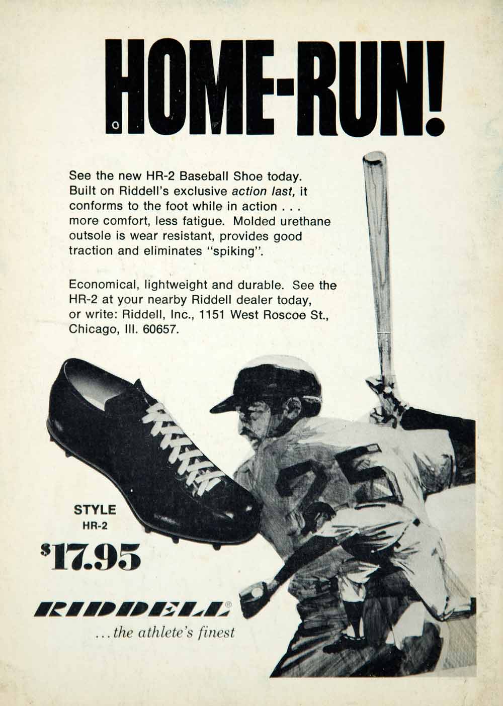 1972 Ad HR-2 Baseball Cleat Athletic Shoe Riddell 1151 West Roscoe St YBD1
