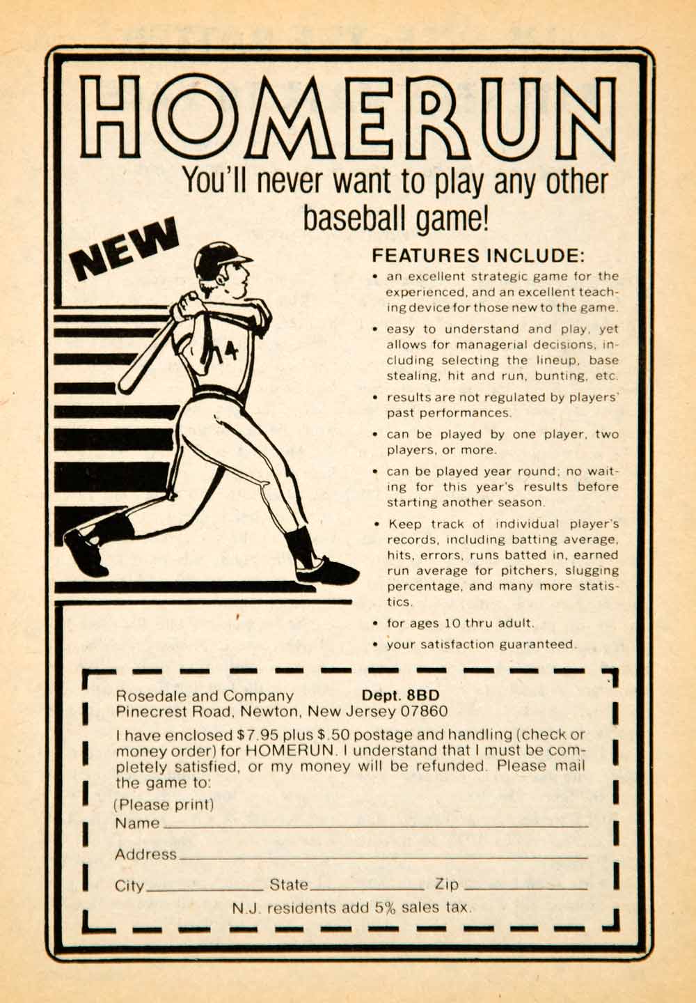 1978 Ad Home Run Baseball Sports Board Game Toy Rosedale Pinecrest Rd YBD1