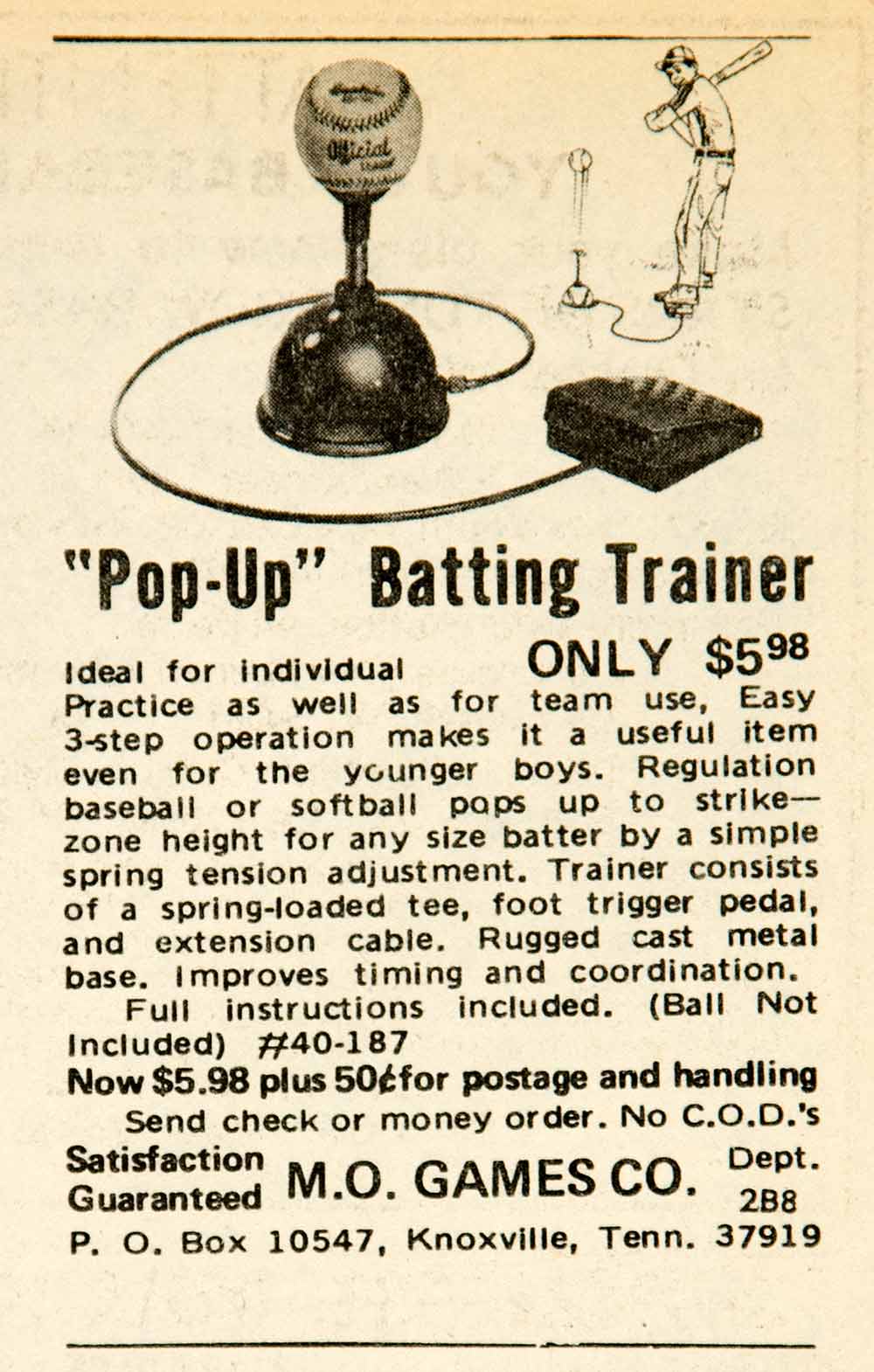 1972 Ad Pop Up Baseball Batting Trainer Sporting Goods MO Games Knoxville YBD1