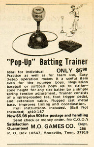 1972 Ad Pop Up Baseball Batting Trainer Sporting Goods MO Games Knoxville YBD1