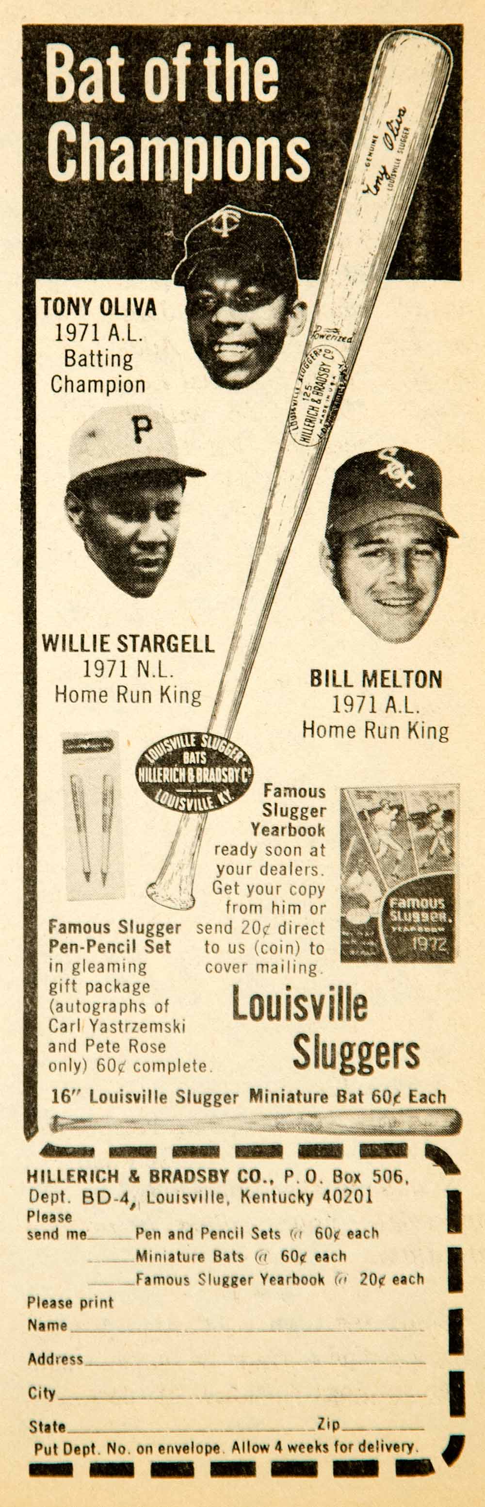 1972 Ad Louisville Slugger Miniature Baseball Bats Hillerich Bradsby KY YBD1