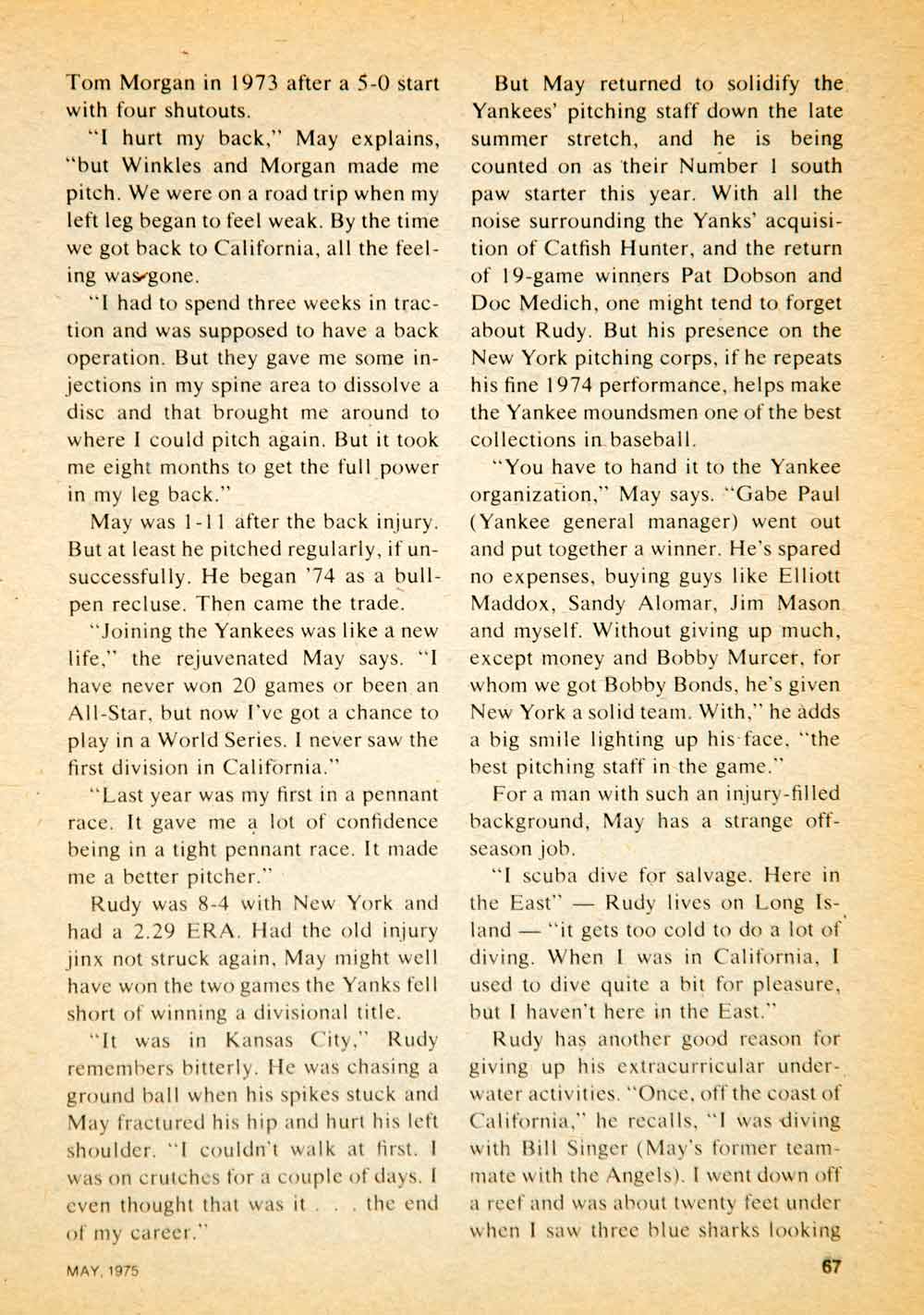 1975 Article MLB Baseball Sports Memorabilia New York Yankees Rudy May YBD1