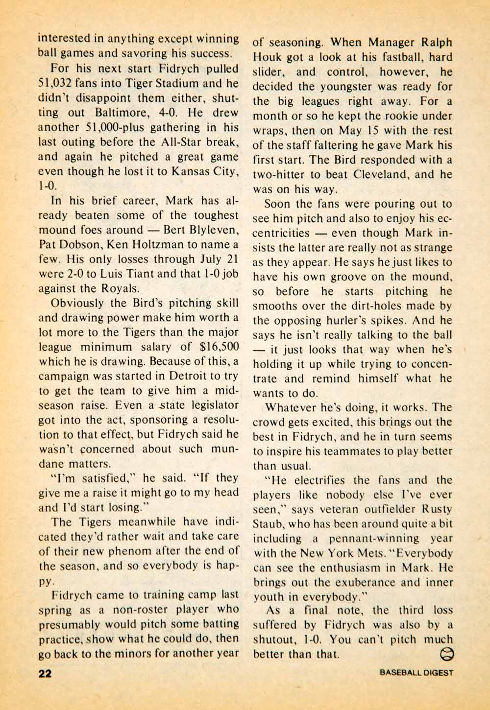 1976 Article MLB Baseball Sports Memorabilia Mark Fidrych Detroit Tigers YBD1
