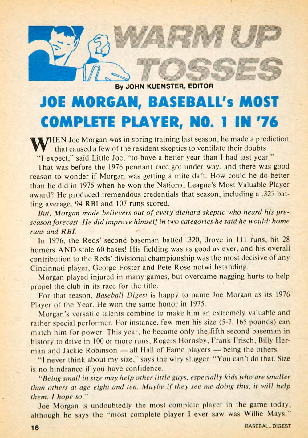 1976 Article MLB Baseball Sports Memorabilia Joe Morgan Cincinnati Reds YBD1