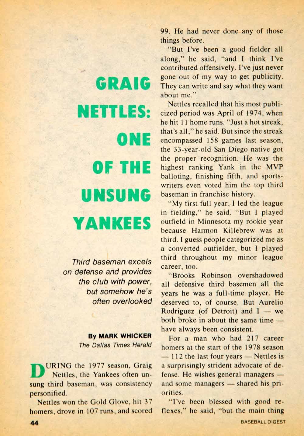 1978 Article MLB Baseball Sports Memorabilia Graig Nettles New York Yankees YBD1