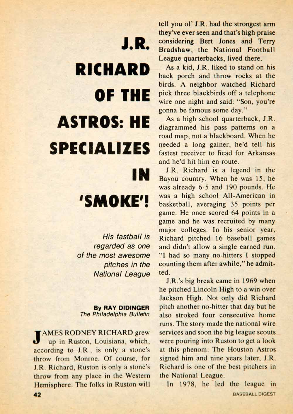 1978 Article MLB Baseball Sports Memorabilia JR Richard Pitcher Houston YBD1