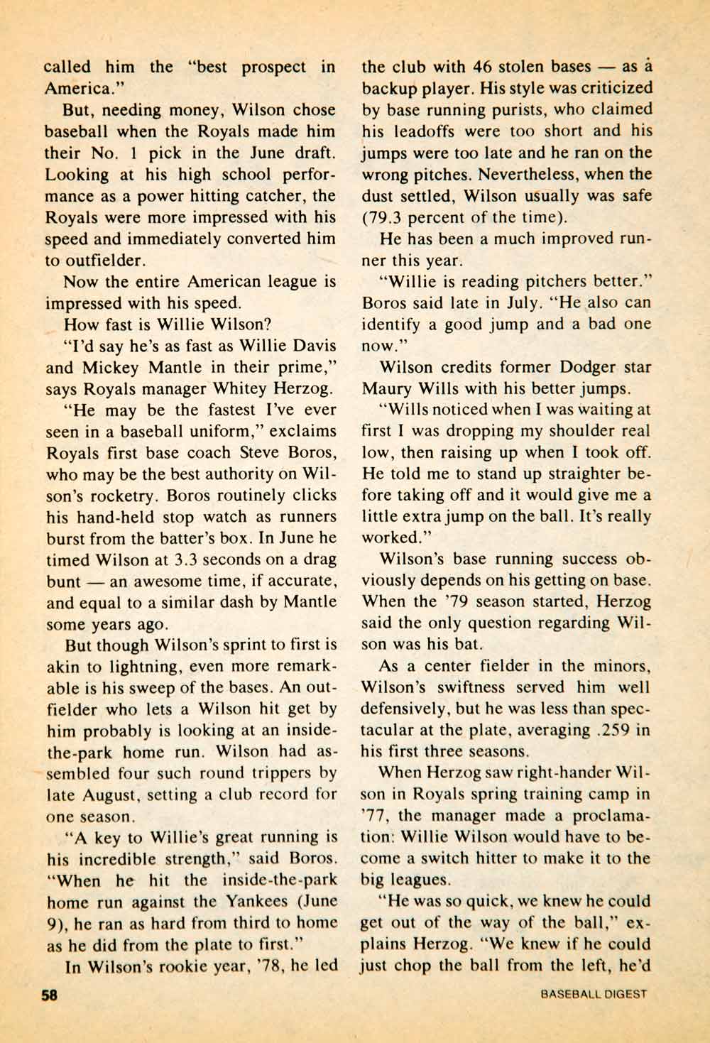 1979 Article MLB Baseball Sports Memorabilia Willie Wilson Kansas City YBD1