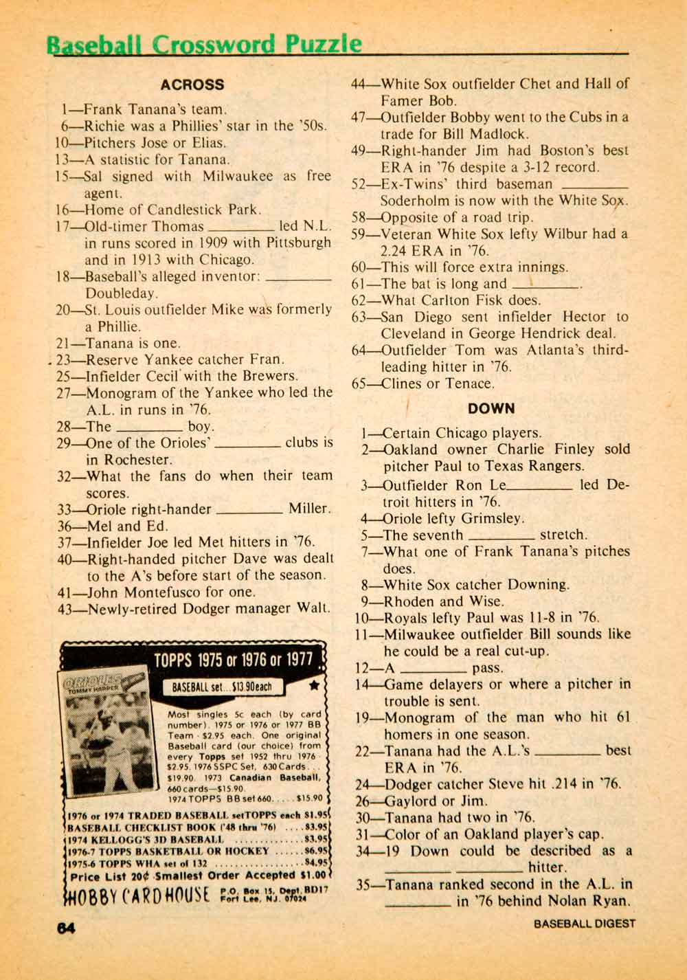 1977 Print MLB Baseball Sports Memorabilia Crossword Puzzle Frank Tana ...