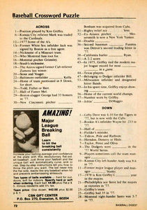 1978 Print MLB Baseball Sports Memorabilia Crossword Puzzle Ken Griffey YBD1