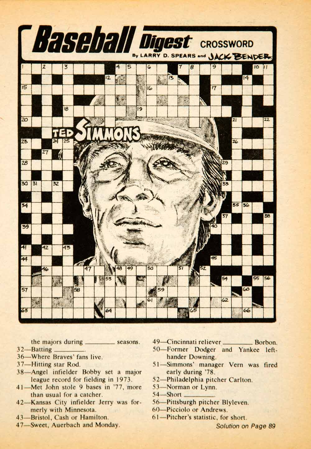 1978 Print MLB Baseball Sports Memorabilia Ted Simmons Crossword Puzzle YBD1