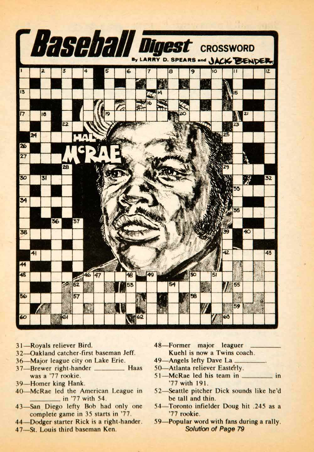 1978 Print MLB Baseball Sports Memorabilia Crossword Puzzle Hal McRae KC YBD1