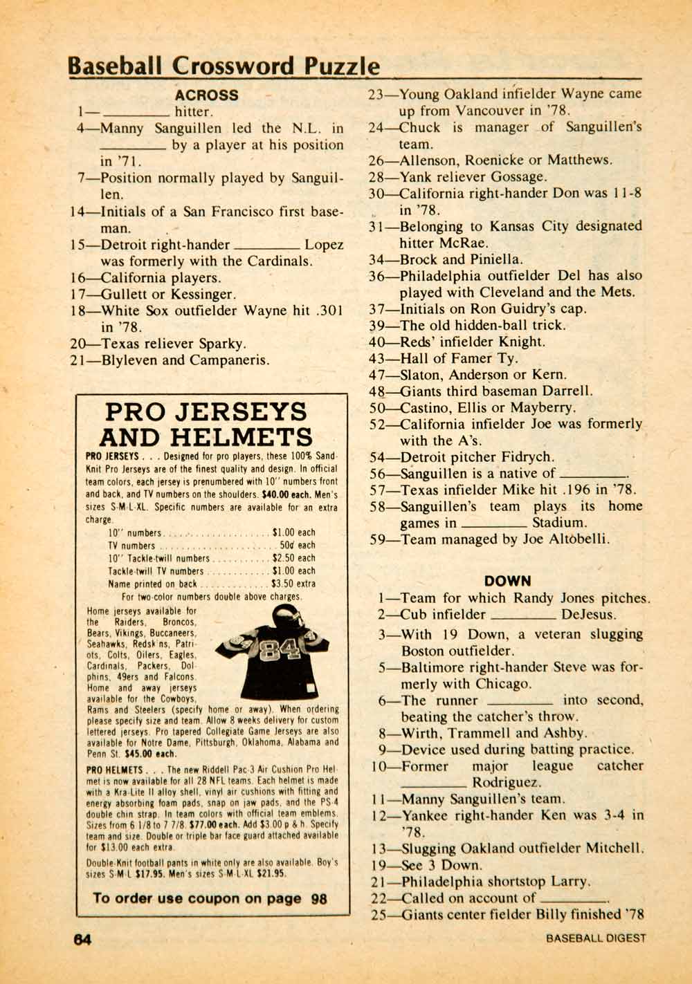 1979 Print MLB Baseball Sports Memorabilia Crossword Puzzle Manny YBD1