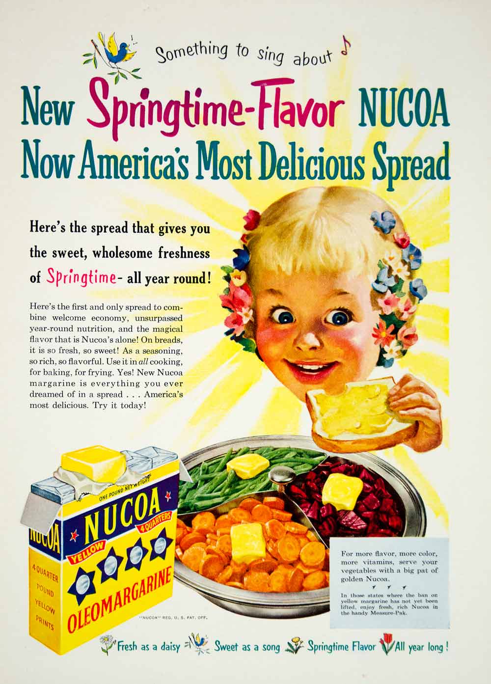 1951 Ad Nucoa Oleomargarine Spread Springtime Child Girl Cooking Baking YBL1