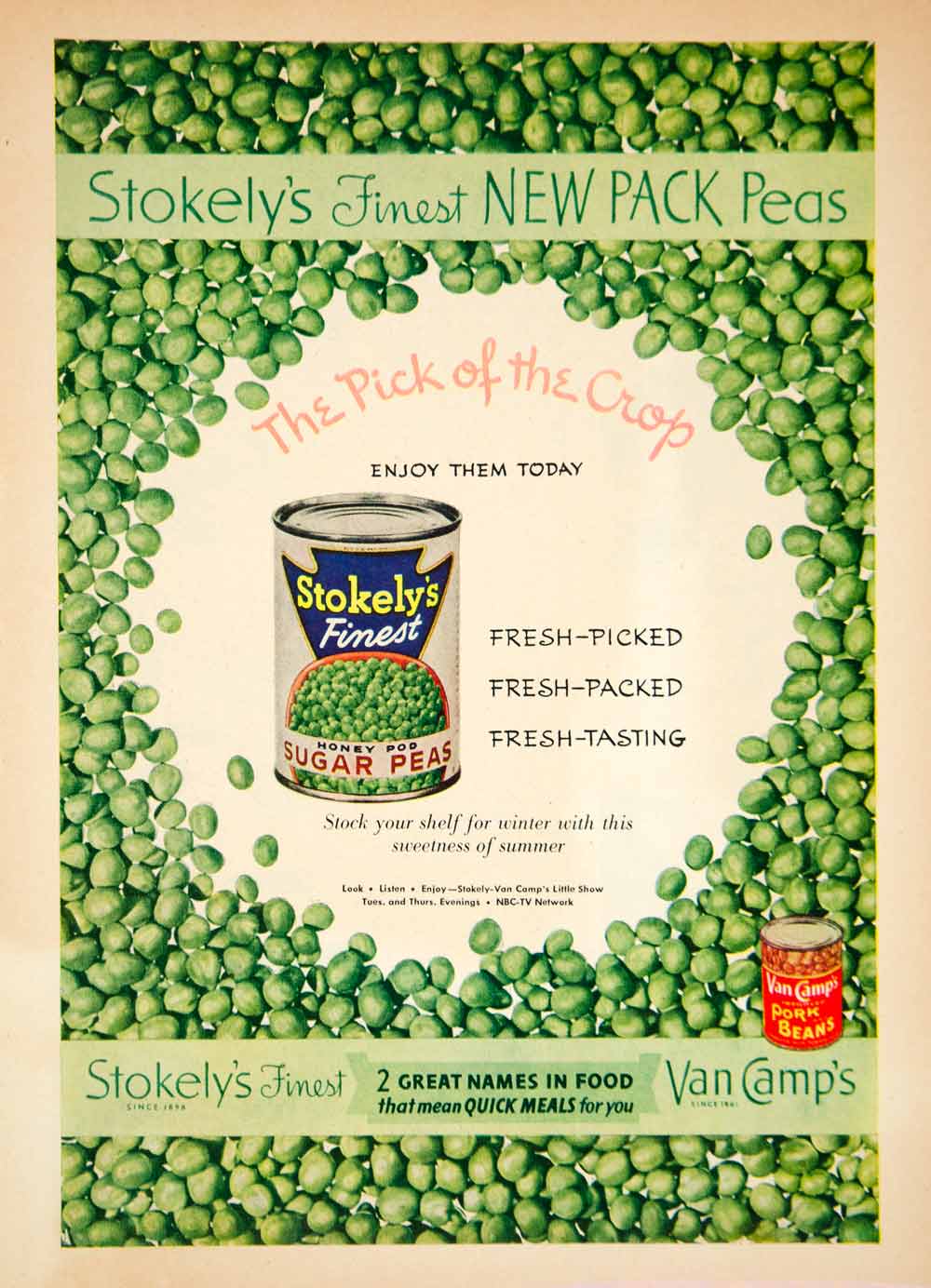 1951 Ad Stokely Sugar Peas Canned Vegetables Van Camp's Pork Beans Foo – Period Paper Historic Art LLC
