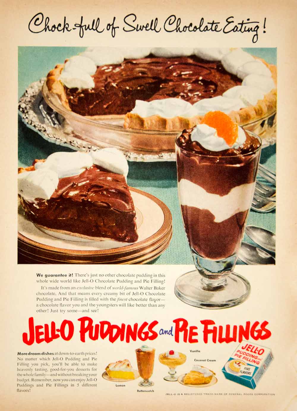 1952 Ad General Foods Jell-O Chocolate Pudding Pie Filling Dessert Baking YBL1