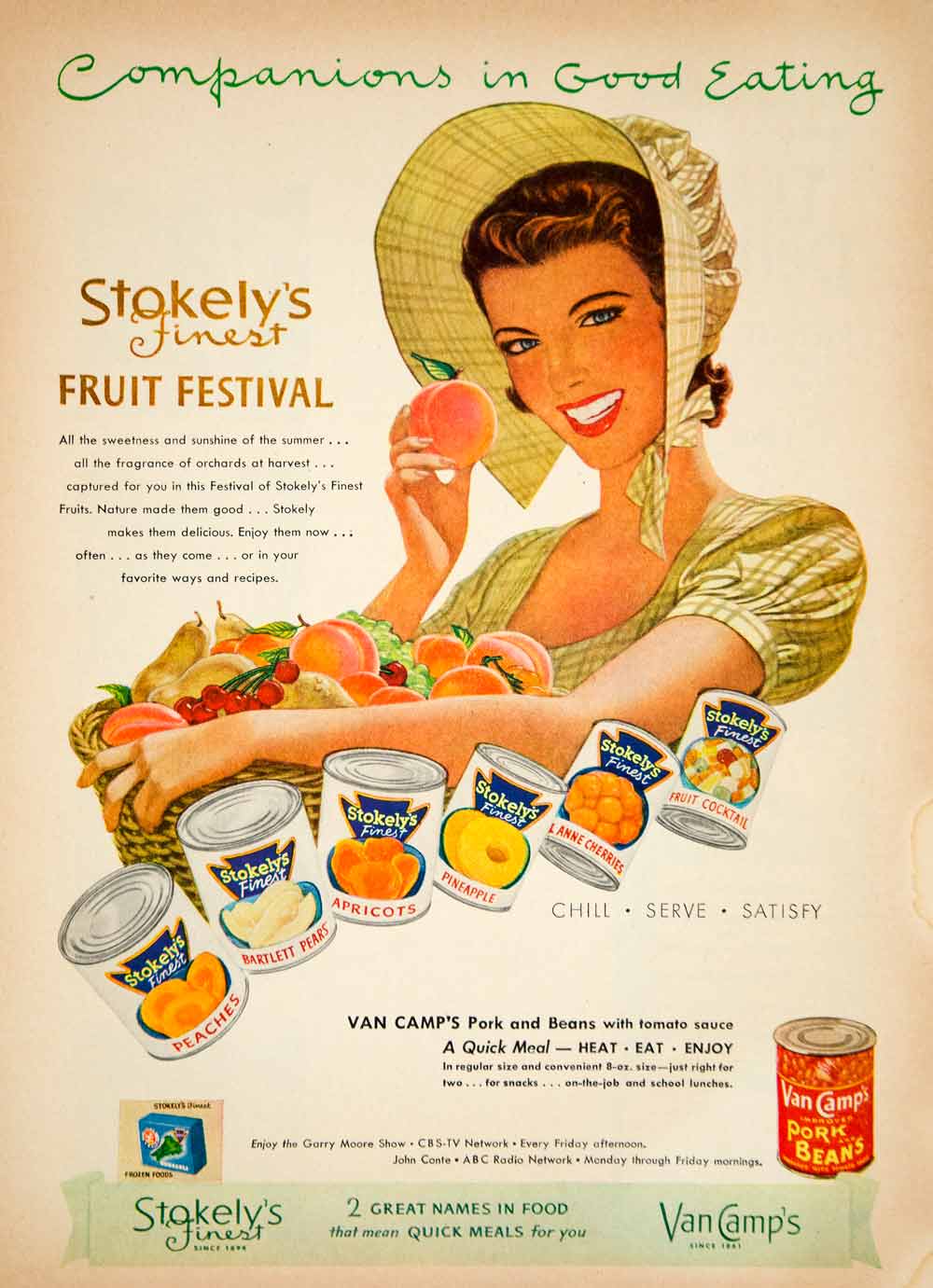 1952 Ad Stokelys Finest Canned Fruit Peaches Apricots Van Camps Pork Beans YBL1