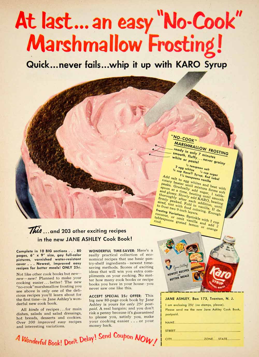 1952 Ad Jane Ashley Recipe NoCook Marshmallow Frosting Recipe Karo Co