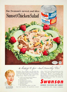 1953 Ad Sue Swanson Boned Chicken Salad Recipe Turkey Canned Meat Lunch YBL1
