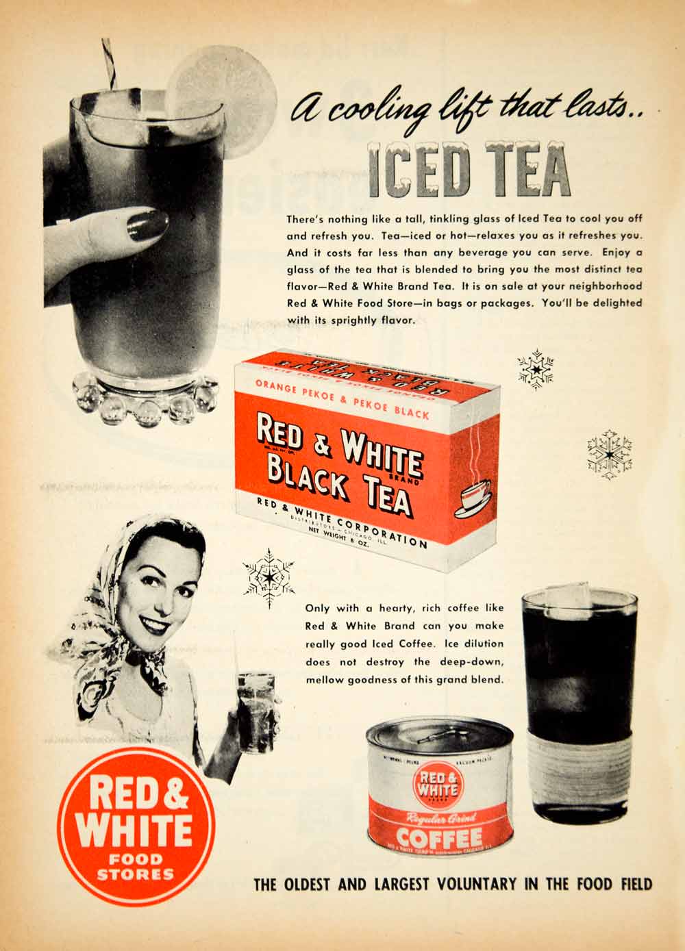 1953 Ad Red & White Food Grocery Stores Black Tea Iced Coffee