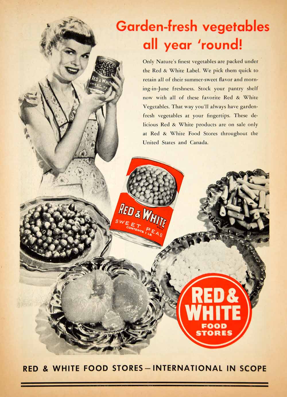1954 Ad Red & White Food Grocery Stores Sweet Peas Canned Vegetables Green YBL1