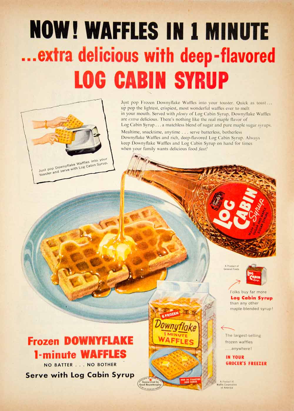 1954 Ad Log Cabin Maple Syrup Downyflake Waffles Breakfast Food Grocery YBL1