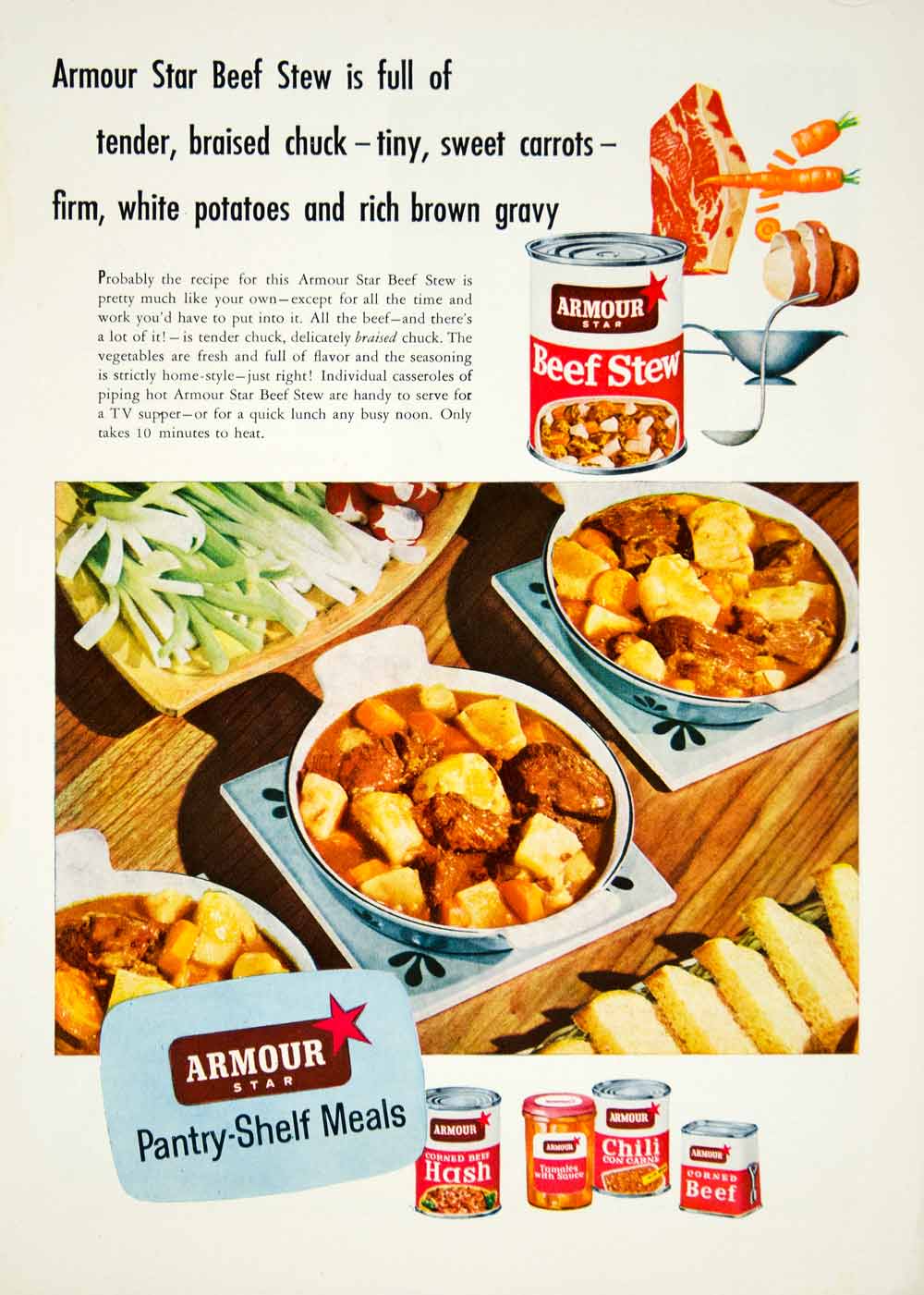 1954 Ad Armour Star Pantry Shelf Meal Beef Stew Chili Con Carne Canned Food YBL1