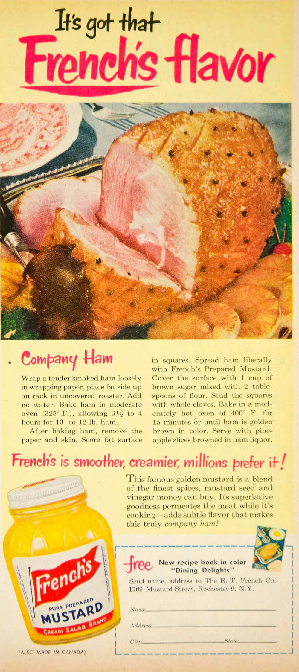1951 Ad RT Frenchs Yellow Mustard Condiment Food Baked Ham Recipe Meat YBL1