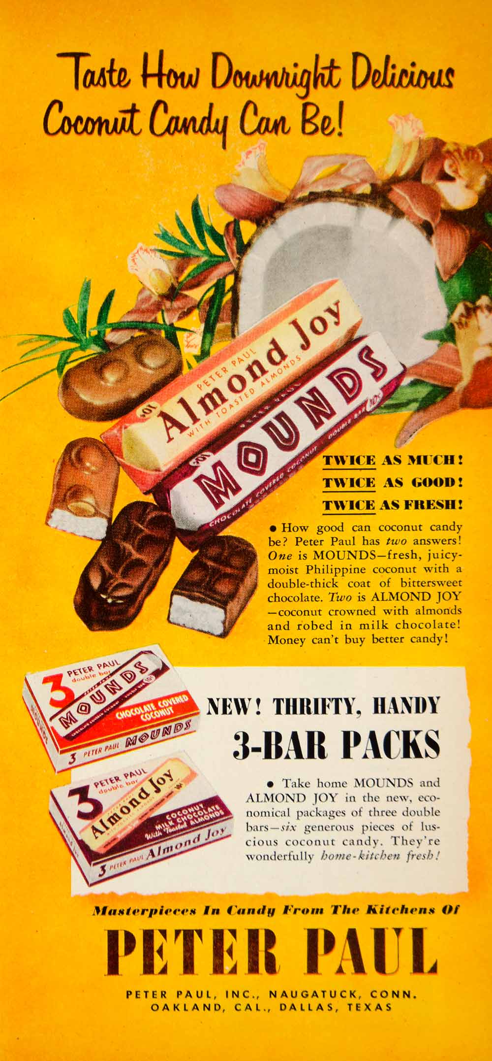 1951 Ad Peter Paul Almond Joy Mounds Candy 3-Bar Packs Chocolate Food YBL1