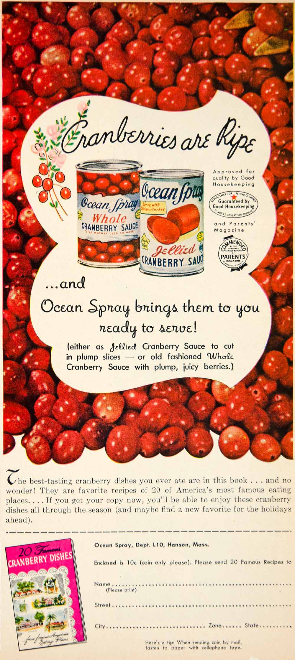 1951 Ad Ocean Spray Jellied Cranberry Sauce Canned Food Fruit Grocery YBL1