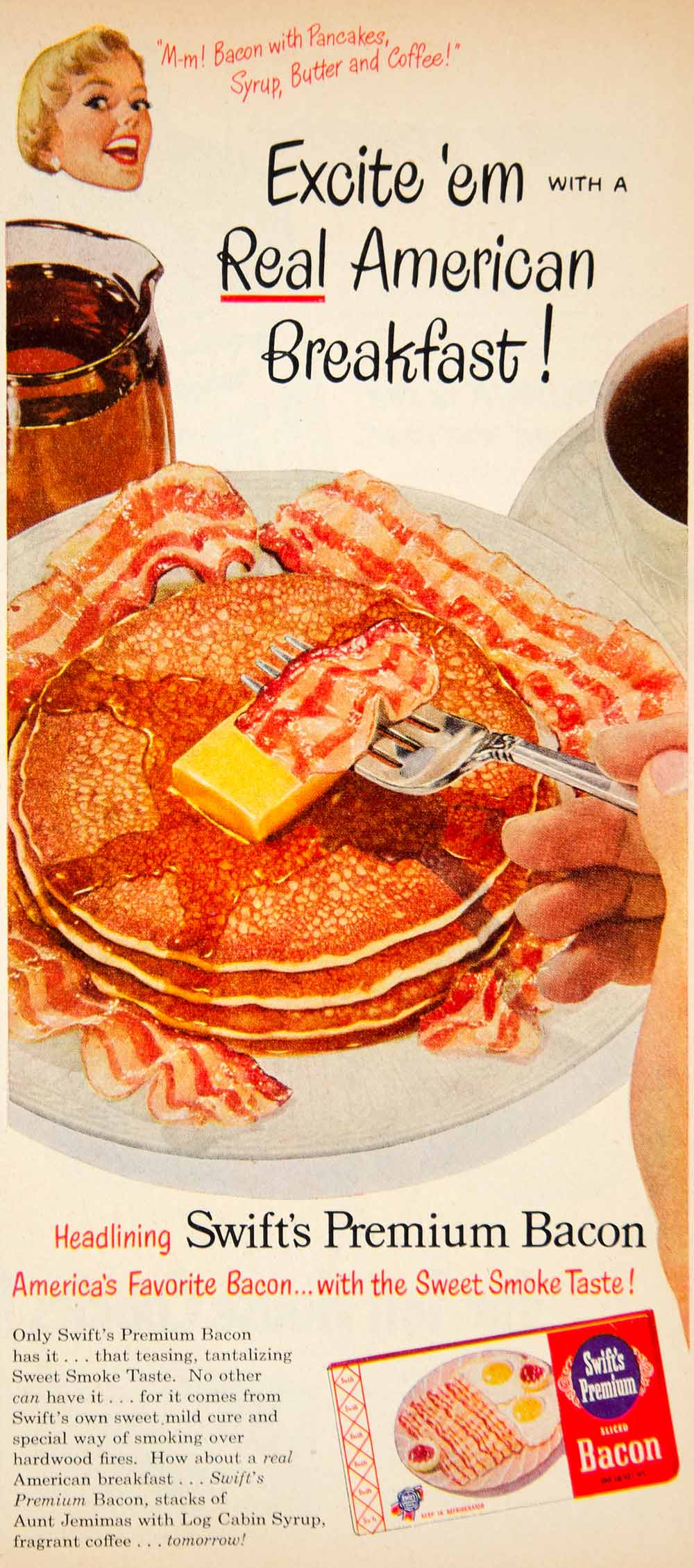 1951 Ad Swifts Premium Bacon Aunt Jemimas Pancakes Log Cabin Maple Syrup YBL1