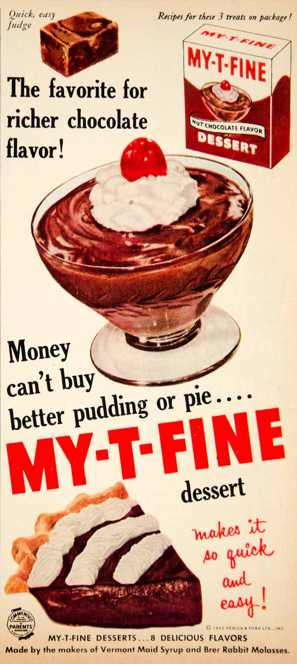 1952 Ad Penick & Ford My-T-Fine Dessert Chocolate Fudge Pudding Pie Food YBL1