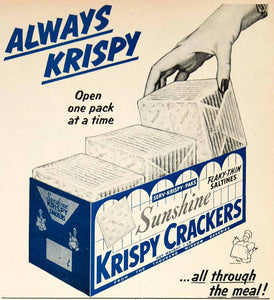1952 Ad Sunshine Krispy Saltine Crackers Food Grocery Snack Kitchen Soup YBL1