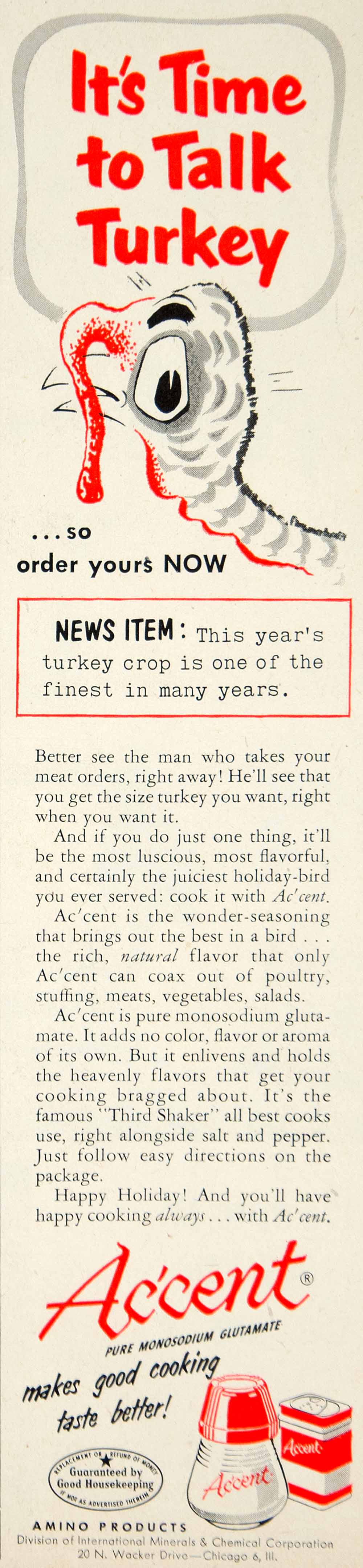 1952 Ad Amino Ac'cent Food Spice Turkey Thanksgiving Holiday Cooking YBL1